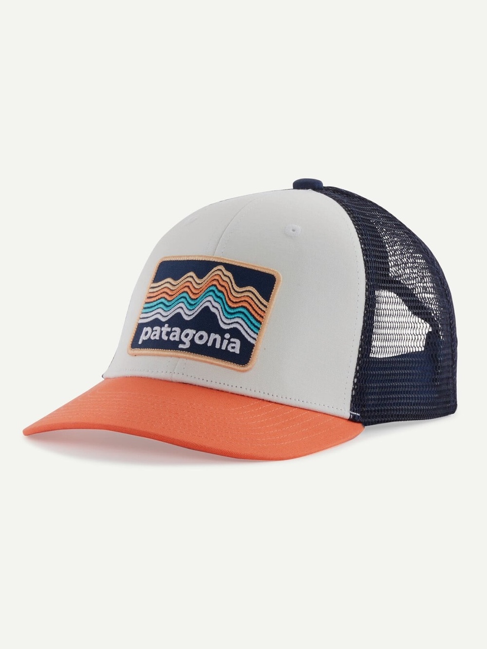 Kids Patagonia Two-Tone Trucker Hat in White, Navy & Coral